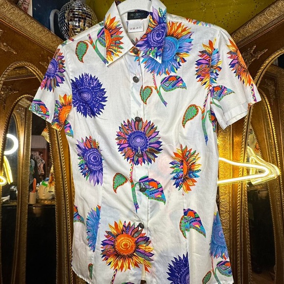 Istante By Versace Multicolored Sunflower Print Short Sleeve Button Down from - Picture 2 of 7